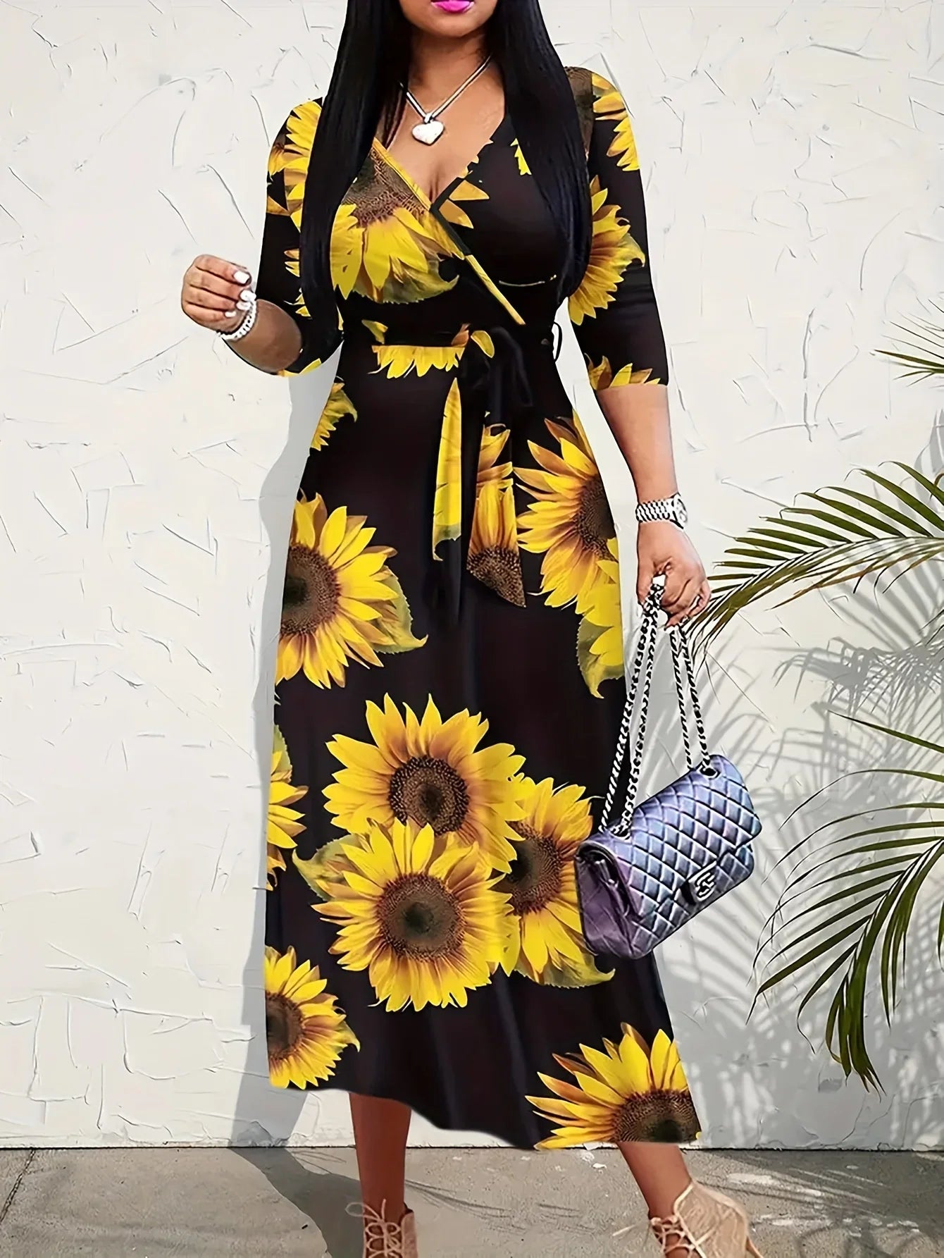 Bohemian Floral Maxi Dress With V Neck Three Quarter Sleeves