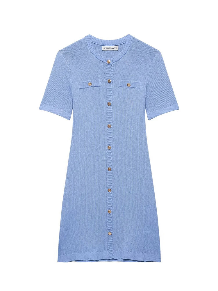 French Chic Solid Color Round Neck Mini Dress For Women