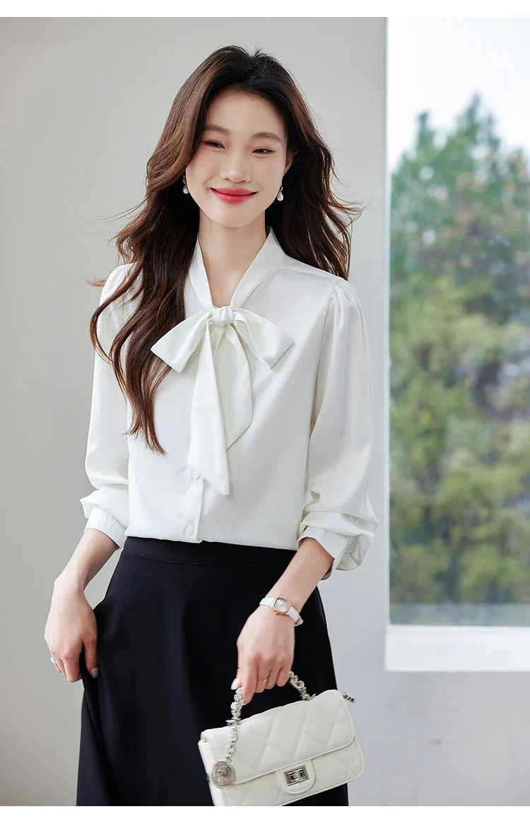 Elegant Women's Long Sleeve Blouse with Bow Collar Casual Loose Fit White Office Shirt Top