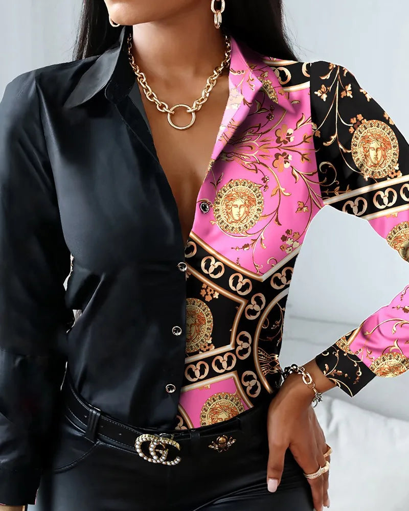 Women's Long Sleeve Blouse with Turn-Down Collar Featuring Chain Floral Letter and Geometric Square Prints