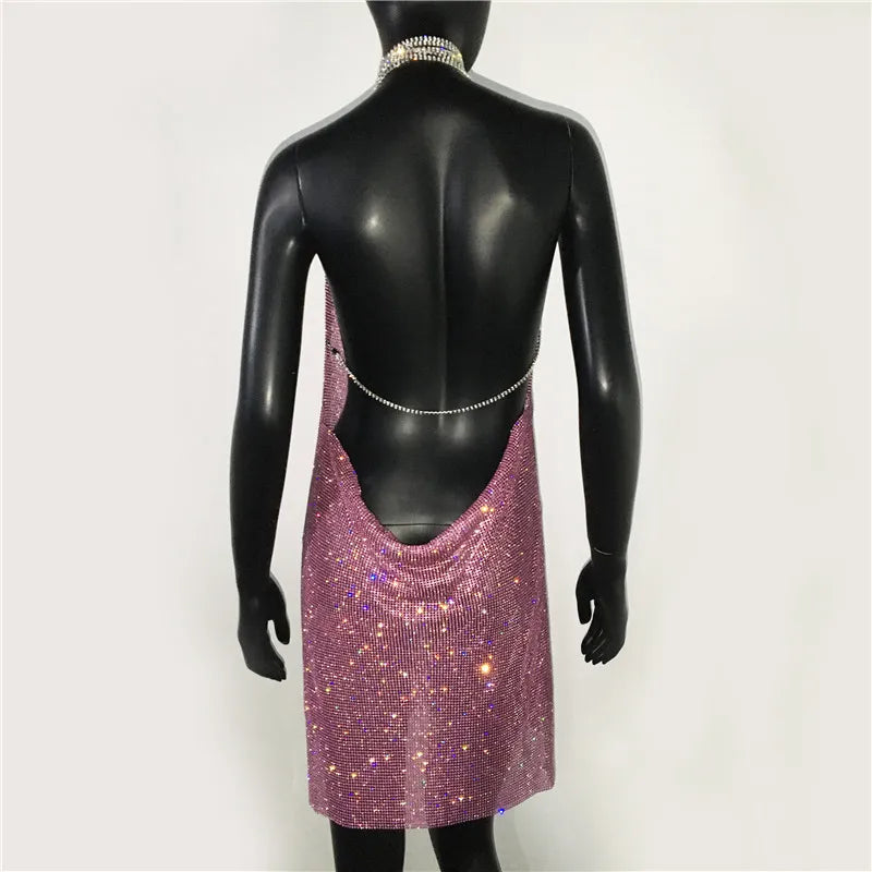 Sequin Rhinestone Backless Mini Dress For Nightclub Party