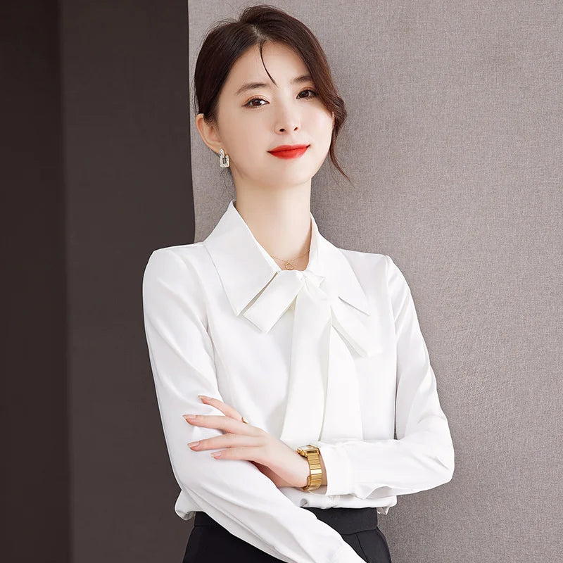Elegant Bow Tie Ribbon Blouse for Women Lace Up Temperament Shirt Stylish Spring and Autumn Top