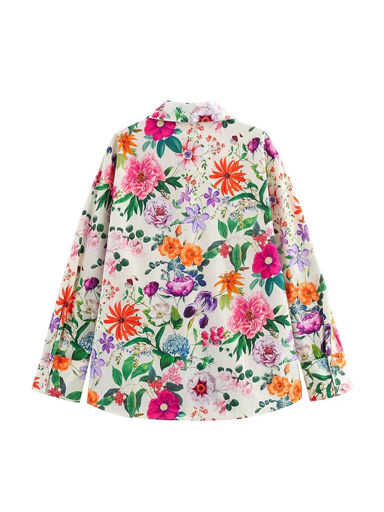 Women Vintage Floral Print V-Neck Poplin Blouse Elegant Summer Shirt for Casual and Streetwear