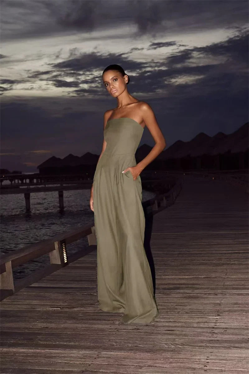 Solid Backless Off Shoulder Jumpsuit for Women Waist Cinching Wide Leg Pants with Pockets Elegant Summer Bodysuit Outwear