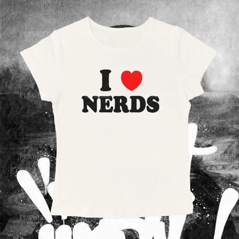 I Love Nerds Goth T-Shirt for Women Short Sleeve Emo Crop Top Slim Y2K Style Fashion Tee