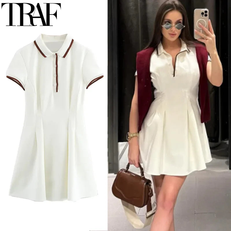 White Pleated Polo Shirt Dress With Short Sleeves Casual