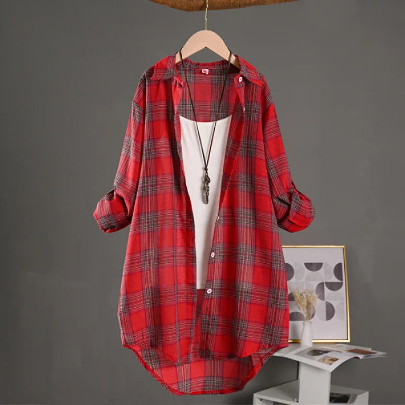 Women's Lightweight Cotton Linen Plaid Shirt Mid-Length Loose Jacket with Sun Protection for Spring and Summer Outerwear