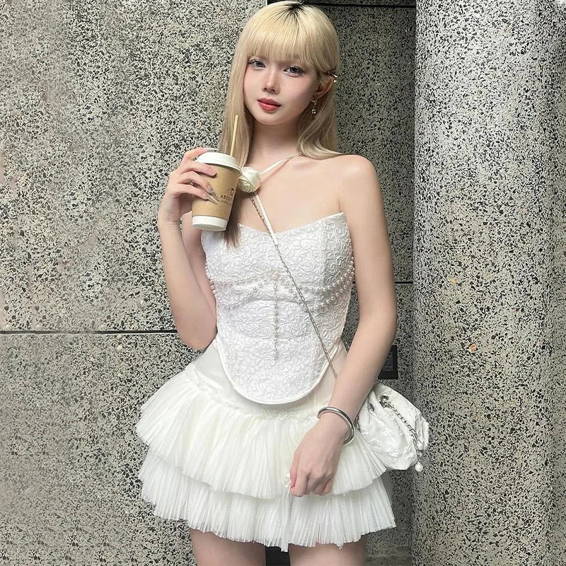 Solid Pearl Embellished Two Piece Set Sleeveless Floral Slim Fit Vest with Pleated Mini Skirt Summer Women's Fashion Ensemble