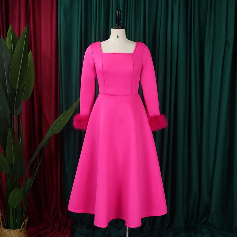 Square Neck Party Dress Women Pleated A Line Mid Calf