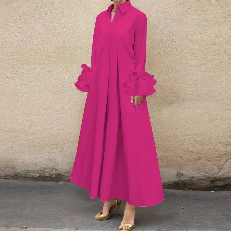 Bohemian Maxi Shirt Dress With Ruffle Pleats Long Sleeve