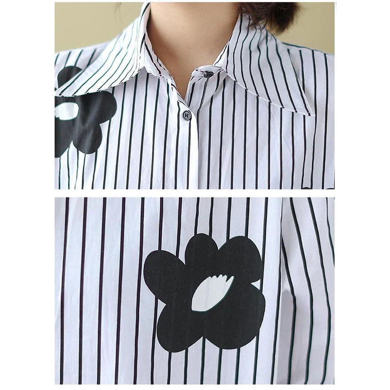 Women's Turn-Down Collar Flower Stripe Long Sleeve Loose Fit Blouse Casual Single Breasted White Vintage-Inspired Shirt Top
