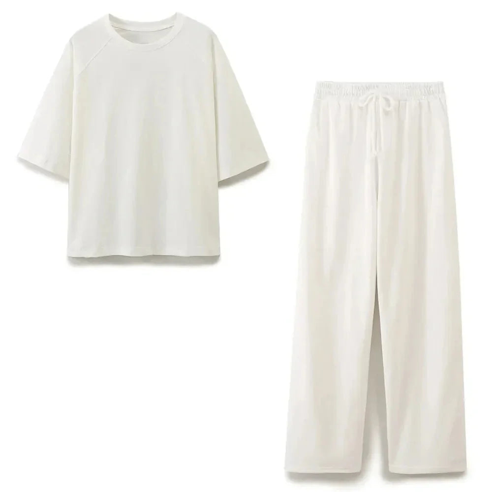 Women's Solid Casual Trouser Set with Short Sleeve T-Shirt and Elastic Waist Wide Leg Pants