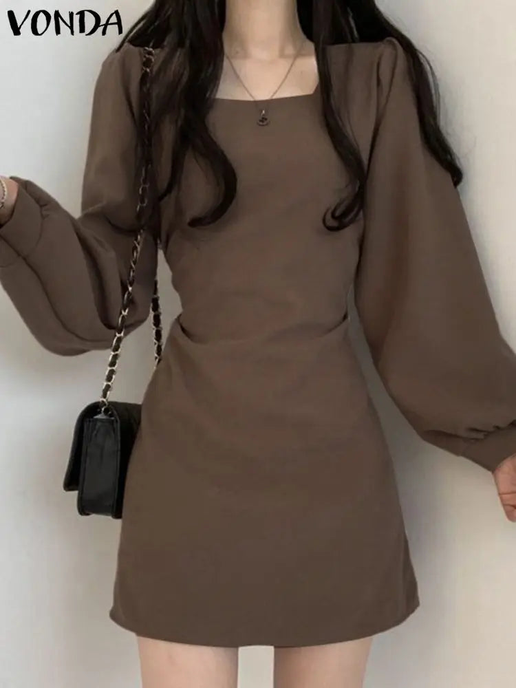 Women Square Collar Mini Dress Summer Sundress Chic