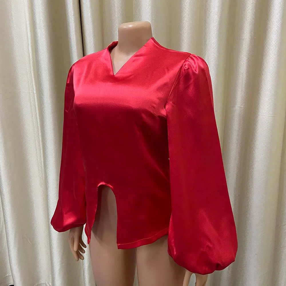 Elegant Satin V Neck Office Blouse for Women Full Sleeve Front Split Luxury Party and Dinner Shirt