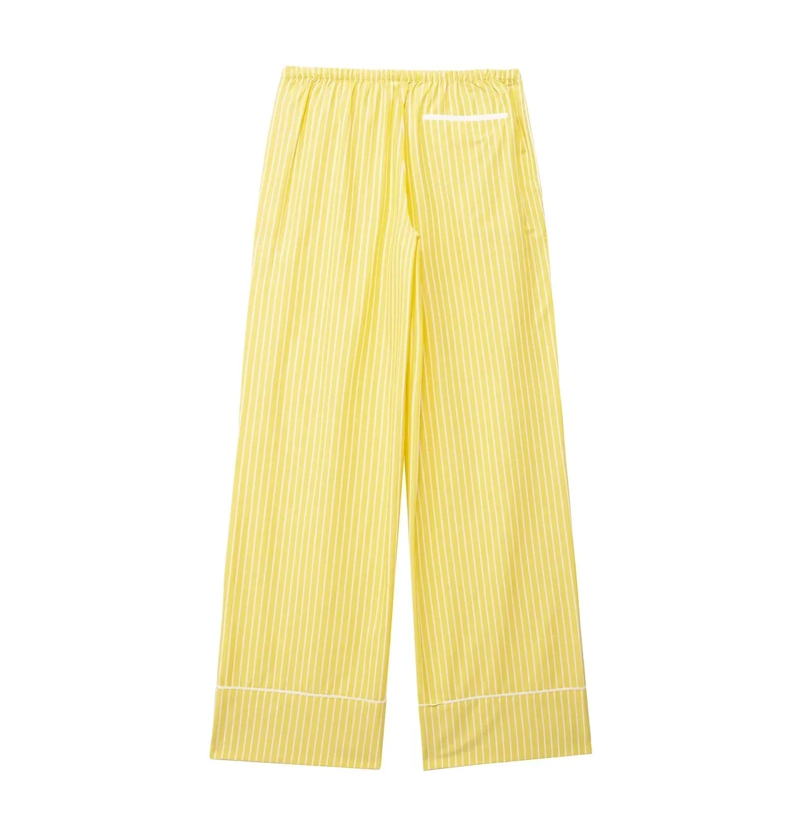 Stylish Women's Yellow Striped High Waist Drawstring Casual Trousers Cozy Loose Long Pants