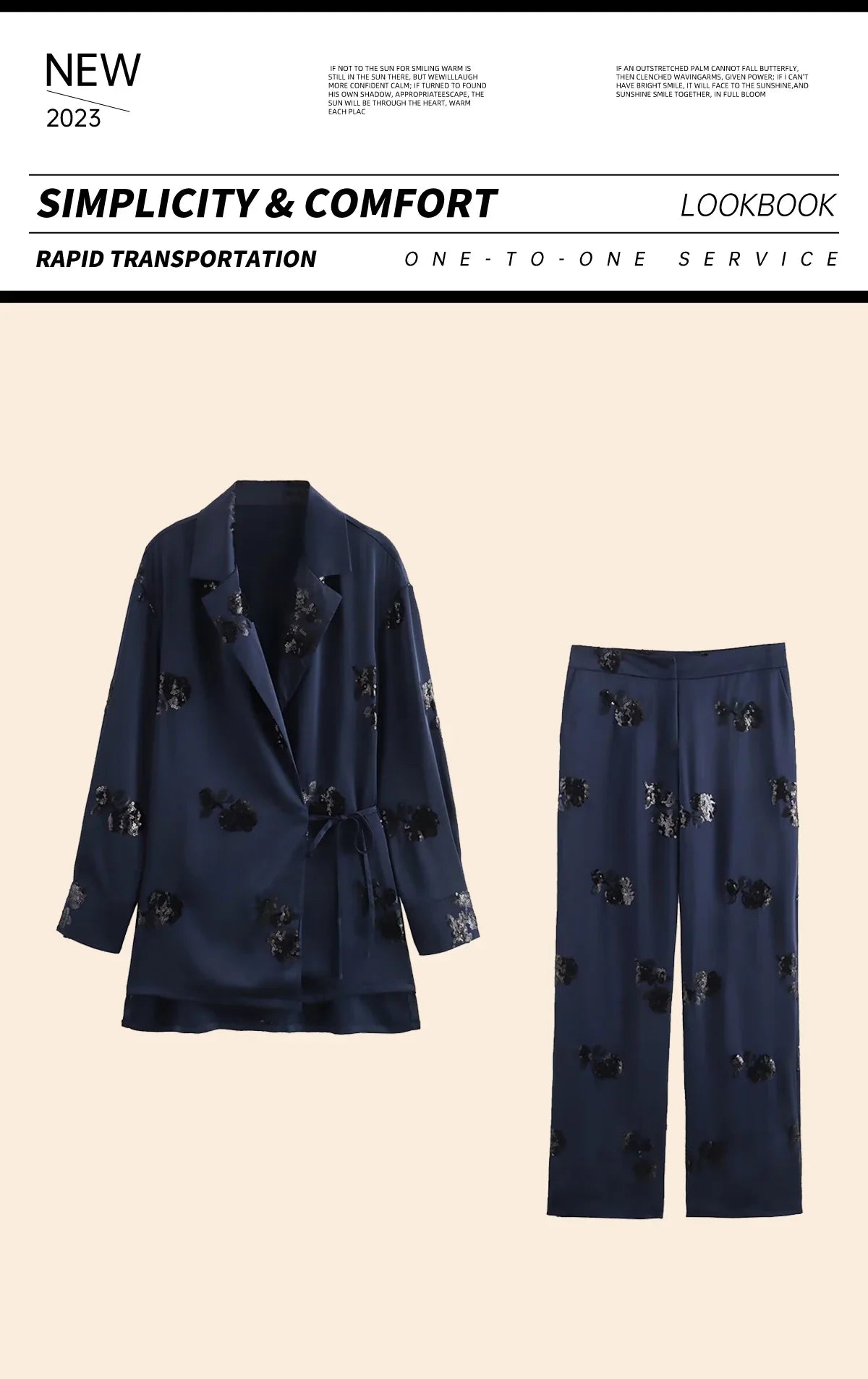 Sequin Lace Up Kimono Coat Beaded Silk Pants Set Two Piece