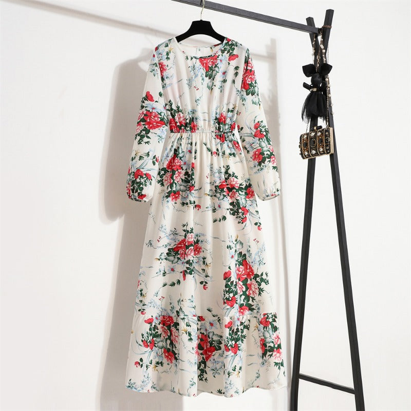 Bohemian Floral Maxi Dress High Waist Chiffon Long Sleeves