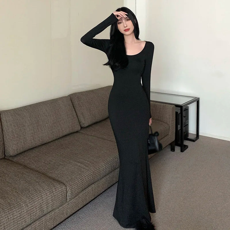 Korean Style Square Neck Wrap Dress With Fishtail Hem