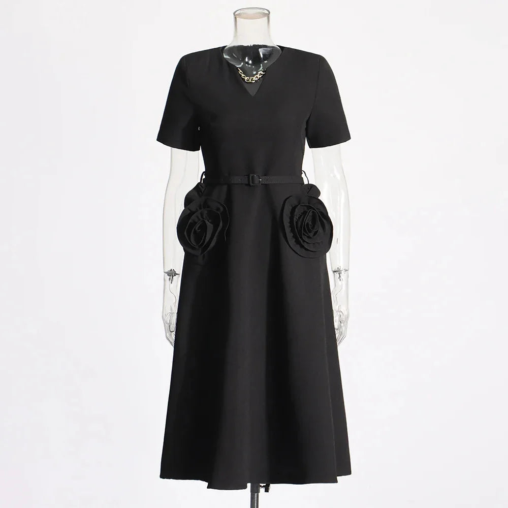 Hollow Out Patchwork Dress For Women V Neck Long Belted