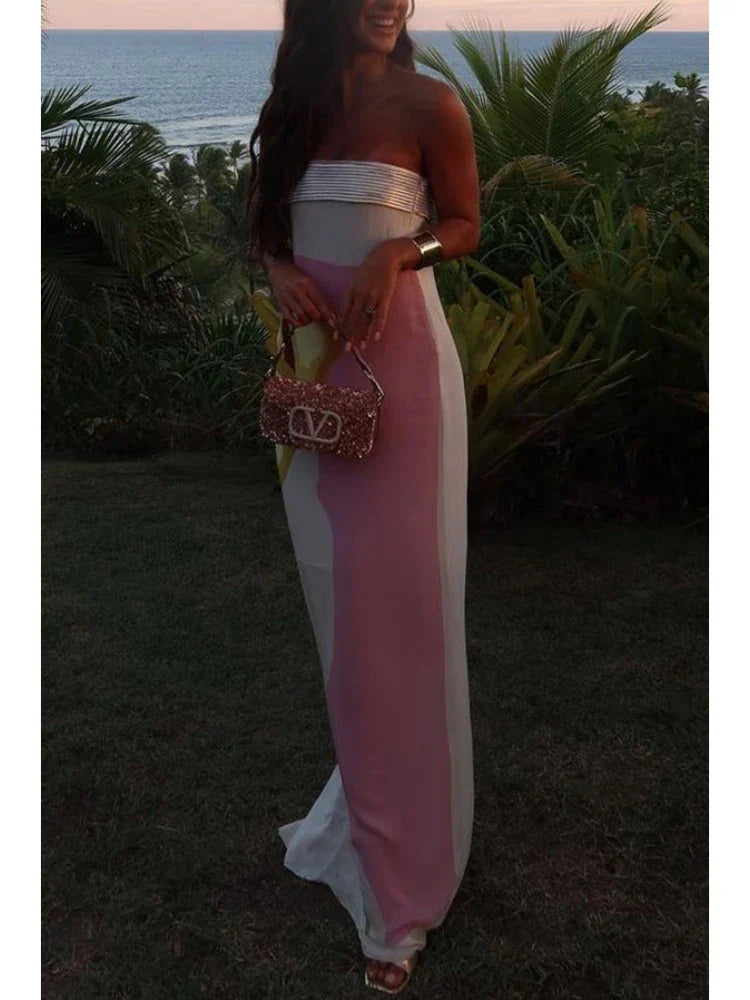 Satin Floral Strapless Maxi Dress Backless Bodycon Evening