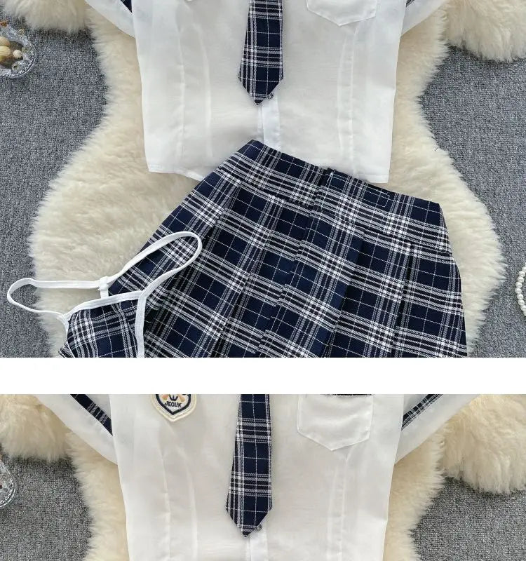 Sexy Preppy Style JK Set for Women Polo Neck See-Through Crop Top Plaid Pleated Short Skirt Student Cosplay Outfit