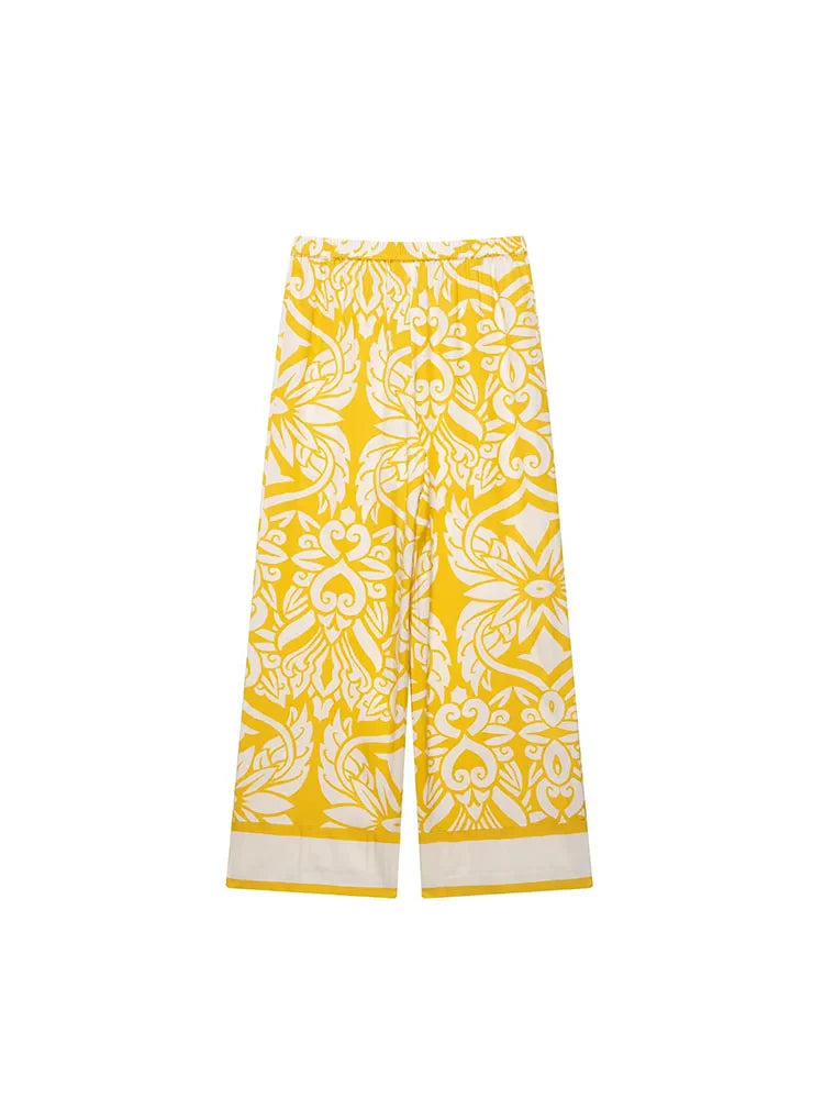 Women Summer Vintage Print Two-Piece Set with Loose Shirt and Trousers for Elegant Street Style