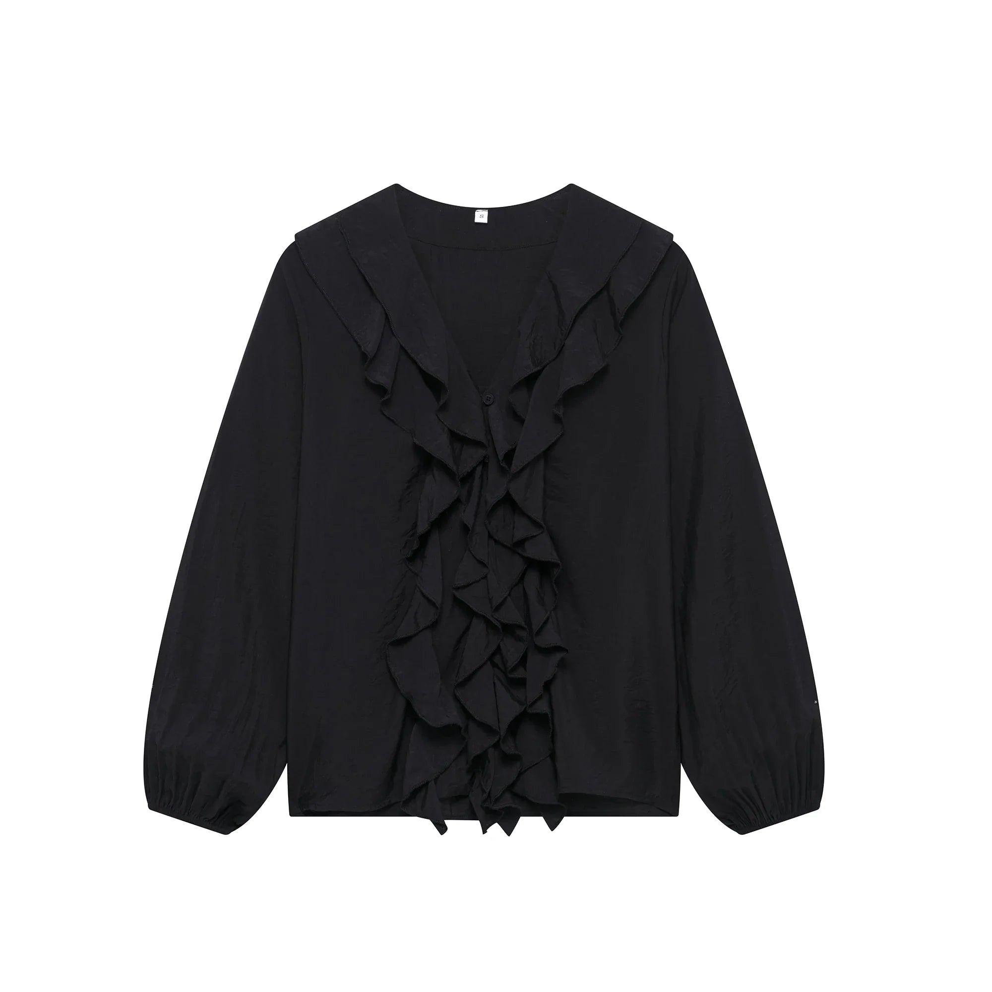 Women's Ruffled V-Neck Blouse with Flounce Long Sleeves Elegant Solid Color Chic Shirt