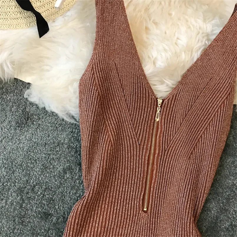 Sexy Zipper V Neck Knit Bodycon Midi Dress For Summer