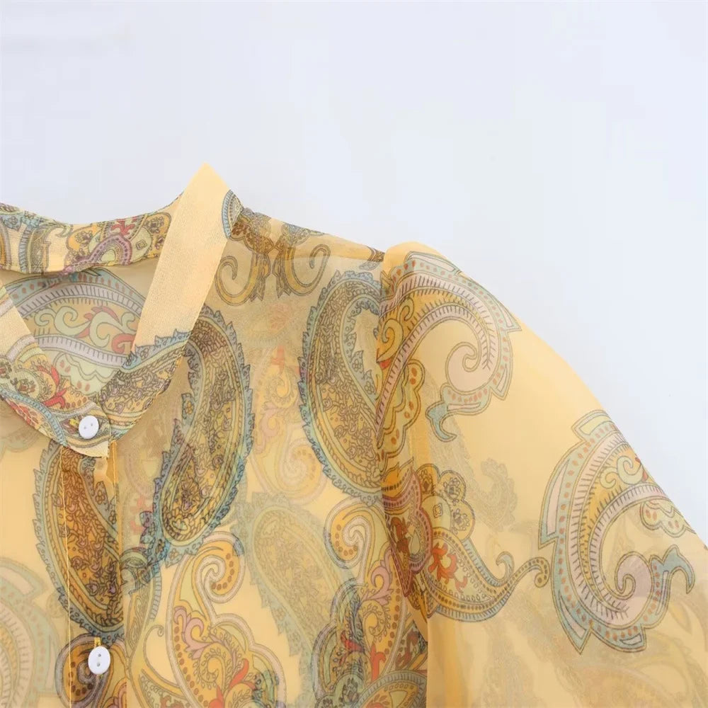 Womens Sheer Chiffon Blouse with High Neckline Puff Long Sleeves and Paisley Print Button Front Design