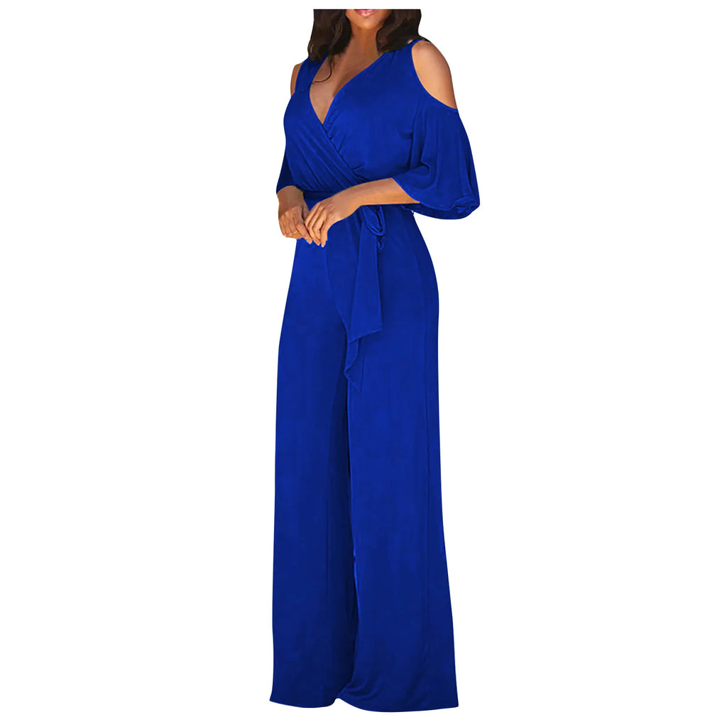 Women's Summer Jumpsuit Deep V Neck Short Sleeve Slim Fit Lace Up Wide Leg Romper Elegant Solid Color Lightweight Fashionable Playsuit