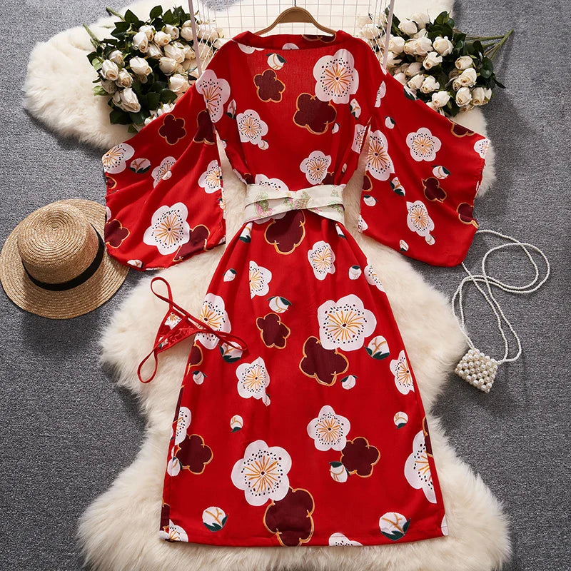 Red Kimono Cardigan For Women See Through Lace Up Dress