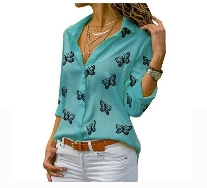 Elegant Women Butterfly Print Loose Fit Long Sleeve Blouse with Turn Down Collar Casual Oversized Office Shirt for Spring and Autumn
