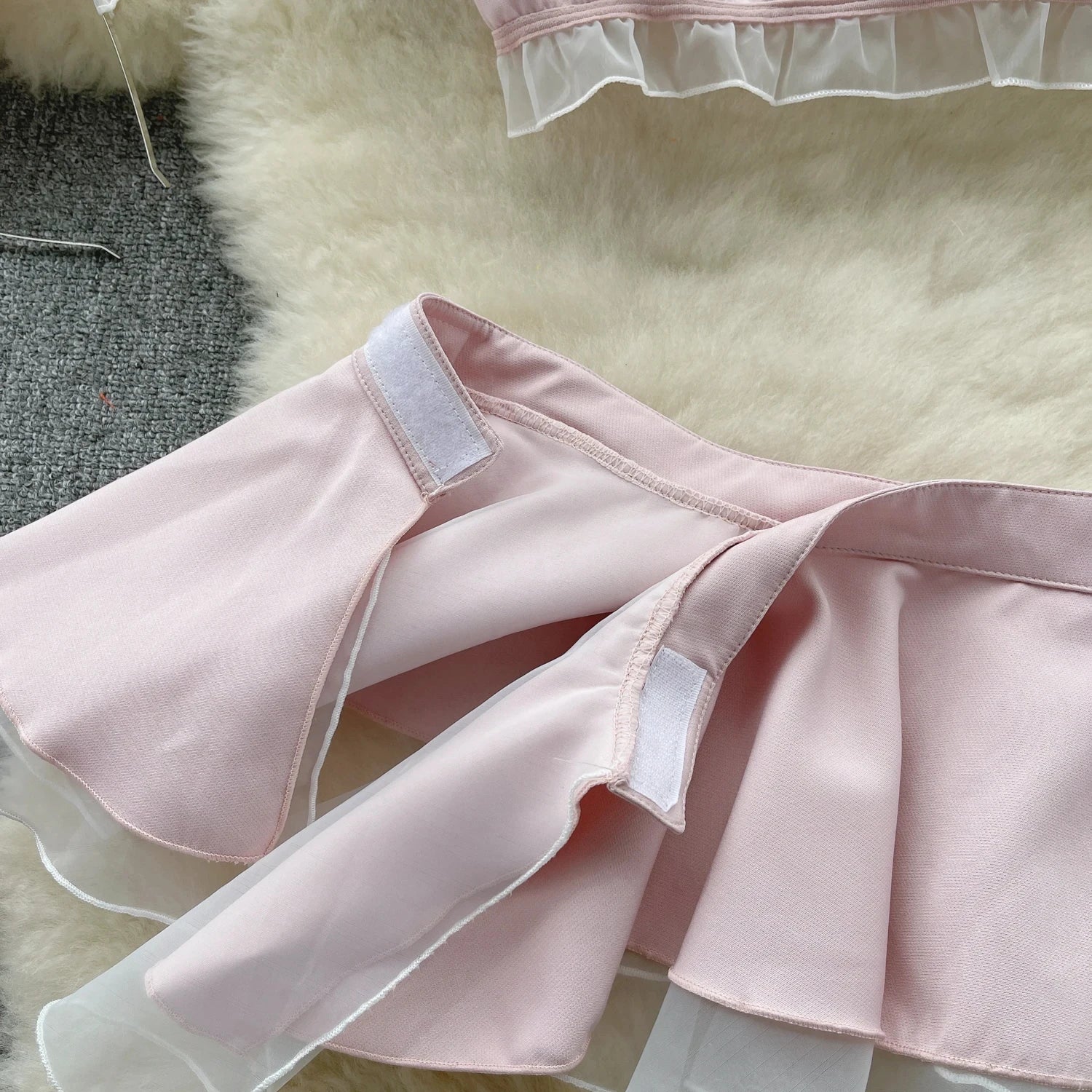 Sexy Two-Piece Cosplay Set with High Waist Hollow Ruffled Bubble Sleeve Crop Top and Sheer Layered Short Skirt