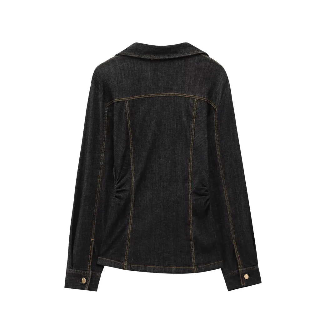 Women Black Denim Pants Set with Fitted Shirt and Patch Pockets Straight Leg Jeans Suit