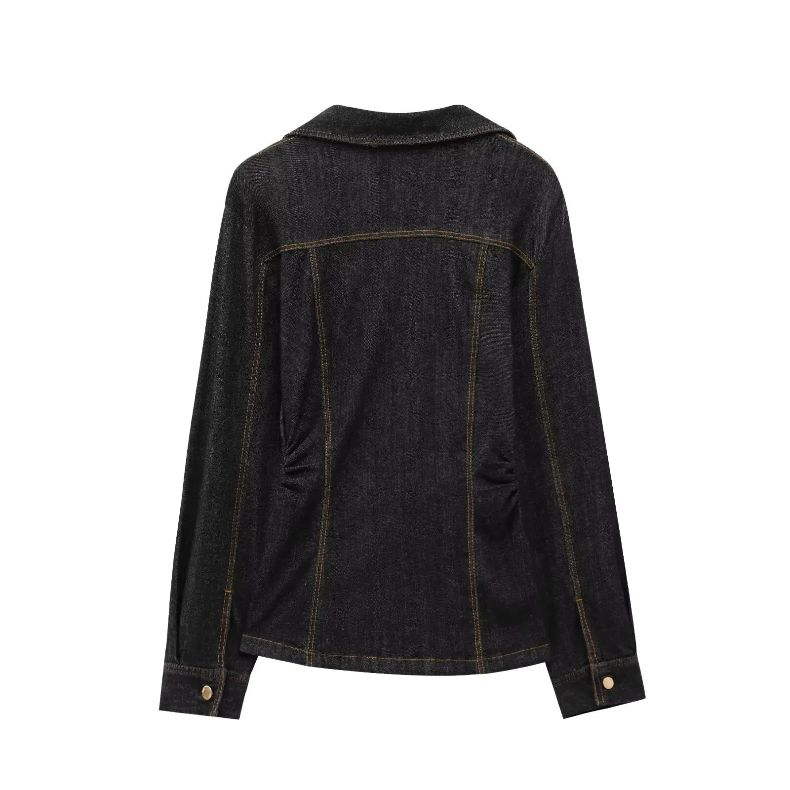 Women Black Denim Pants Set with Fitted Shirt and Patch Pockets Straight Leg Jeans Suit