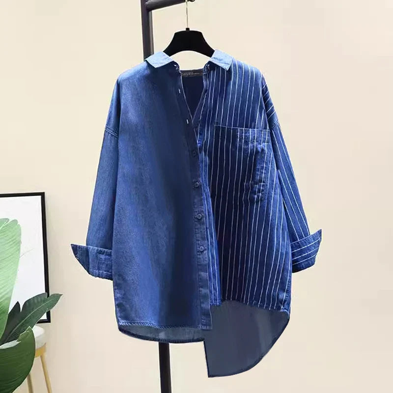 Women's Striped Patchwork Long Sleeve Shirt Casual Loose Blouse with Front Pocket and Shirt Collar Oversized Work and Everyday Wear Top