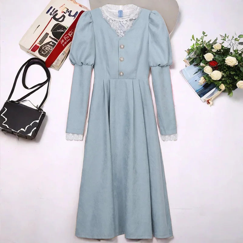 Vintage Patchwork Lace Midi Dress For Women Autumn Chic