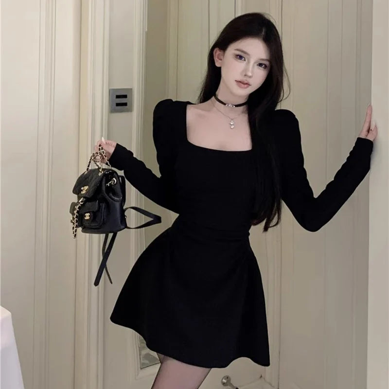 Elegant Women Evening Dress Long Sleeve Retro Banquet Black