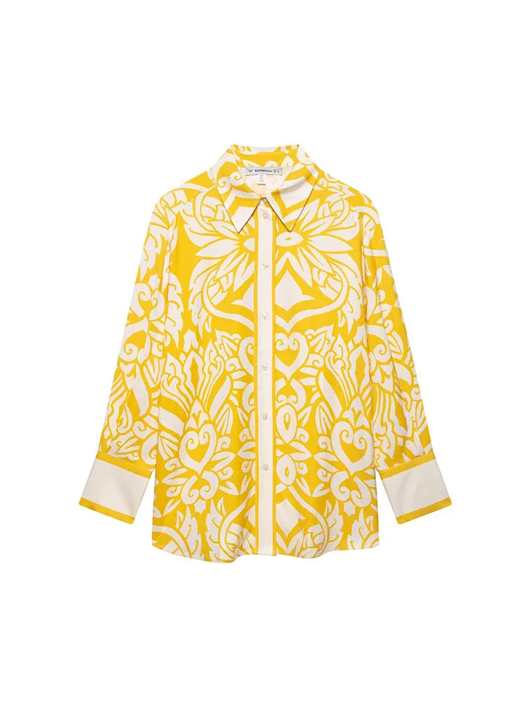 Women Summer Vintage Print Two-Piece Set with Loose Shirt and Trousers for Elegant Street Style