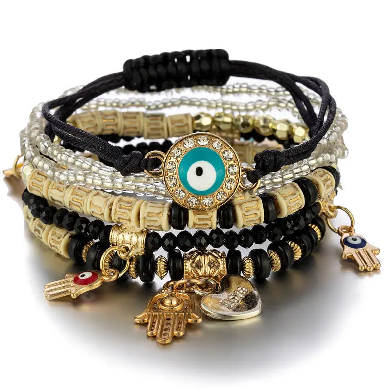 6 Pieces Bohemian Evil Eye Bracelet Set with Fatima Hand Heart Charm Beaded Rope Chain Bangles for Women