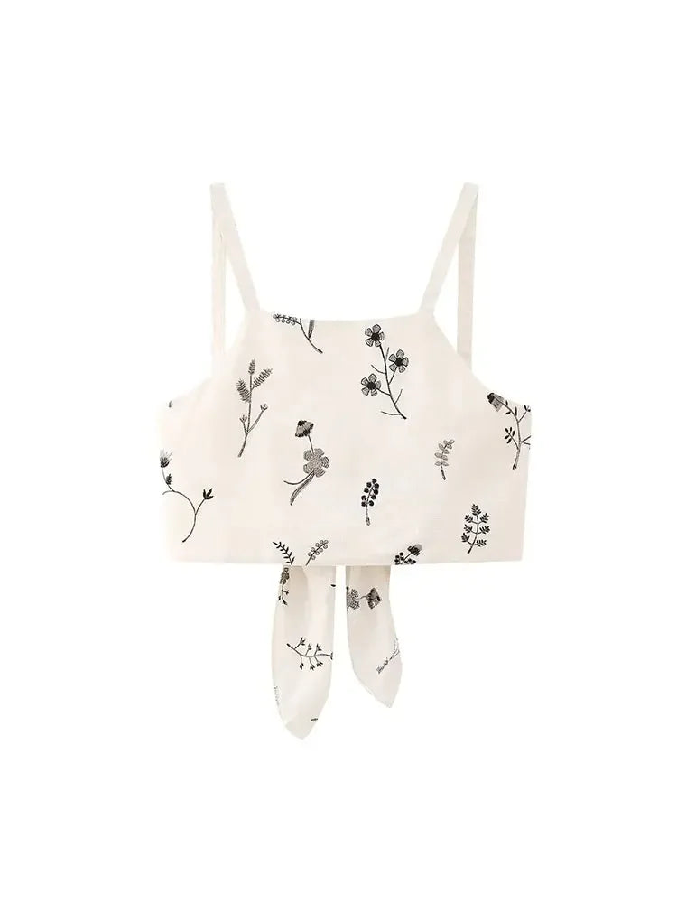 Summer Women Two Piece Set Embroidered Bowknot Short Sling Top with Elegant Midi Skirt Slim Fit Casual Fashion Outfit