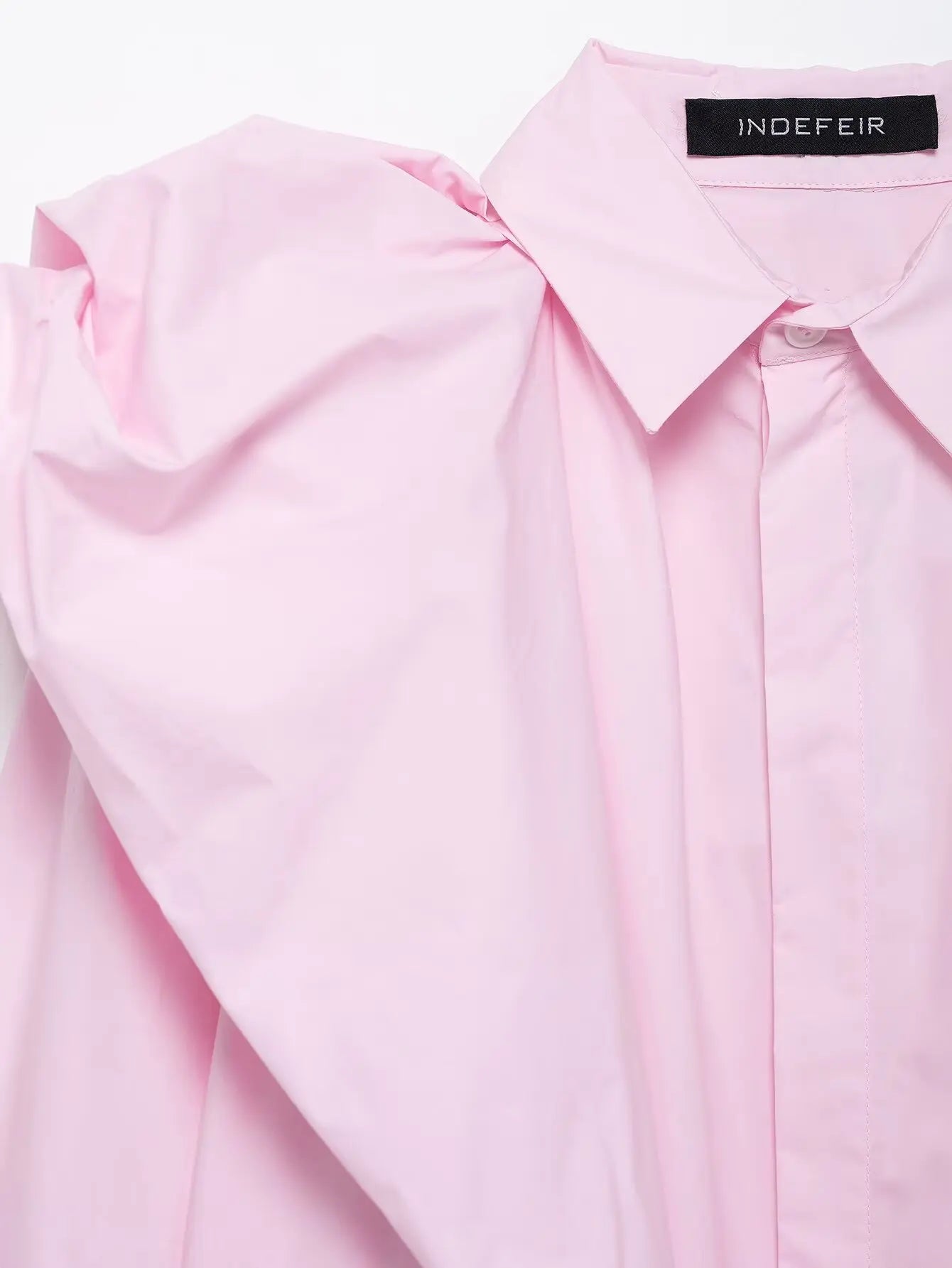 Women Long Sleeve Blouse with Turn Down Collar Pink Spring Top Chic Shoulder Design Office Shirt for Ladies