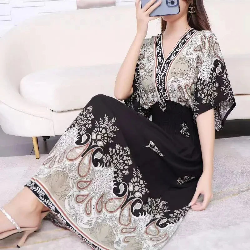 Sweet Countryside Printed Midi Dress V Neck Batwing