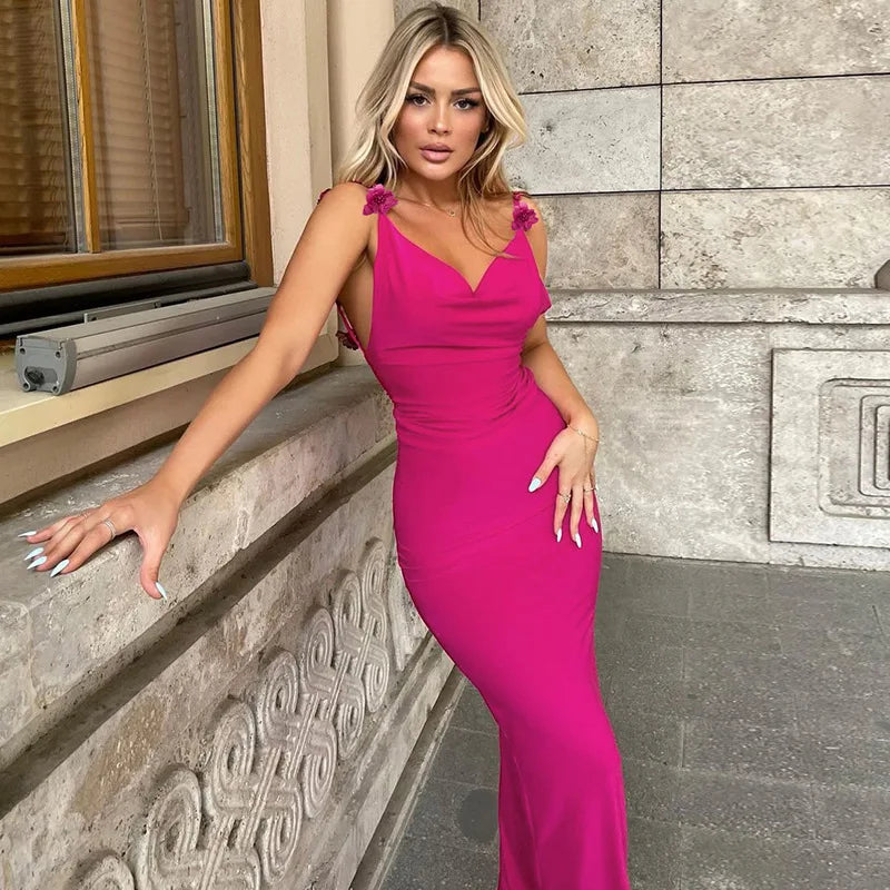 Rose Red Backless Strap Maxi Dress Women Bodycon Party