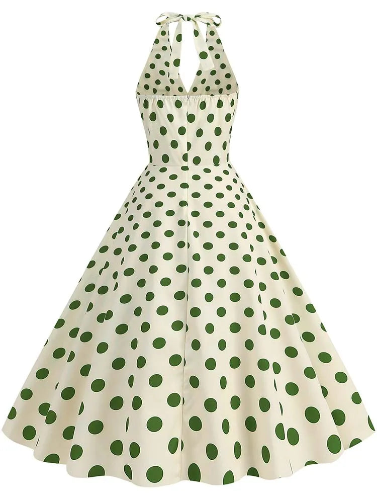 Vintage Polka Dot Halter Dress With Deep V Neck For Summer