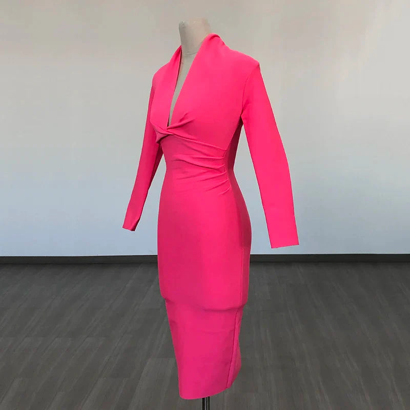 Colorful Deep V Bandage Dress Long Sleeve Bodycon Dress