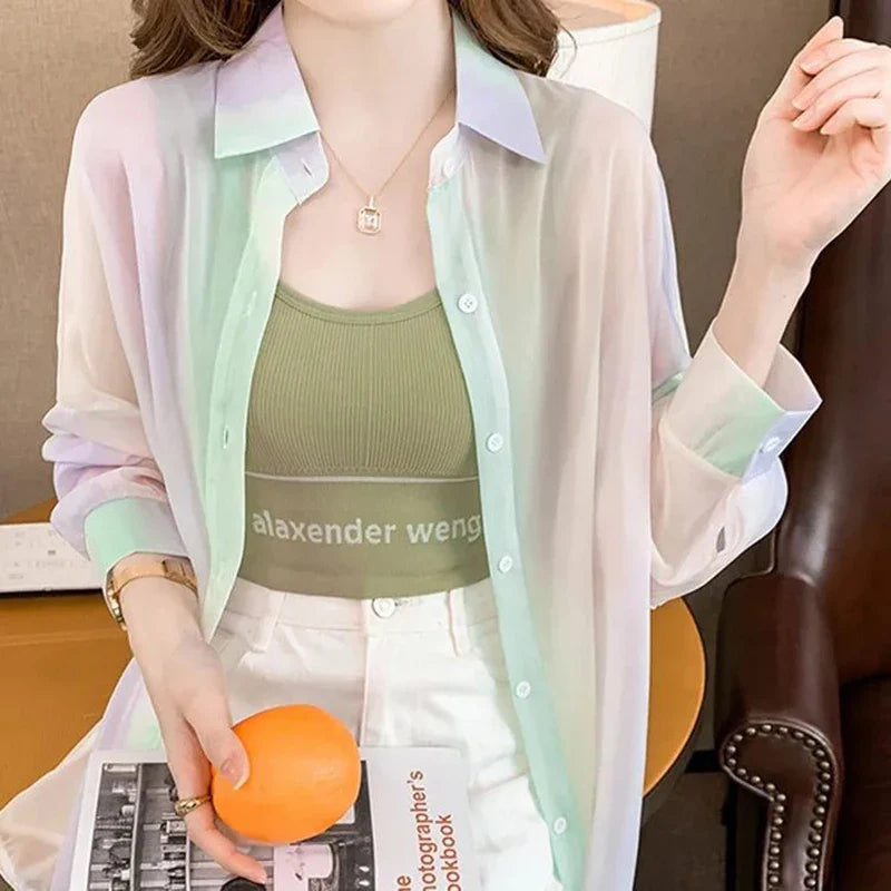 Women's Long Sleeve Sheer Gradient Rainbow Casual Blouse Loose Fit Basic Shirt Stylish Lightweight Jacket