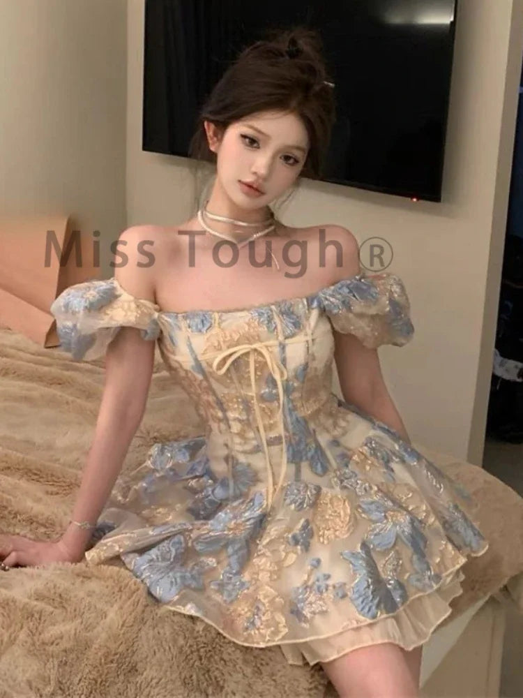 Square Neck Dress Women Boho Print Mini Dress Beach Style