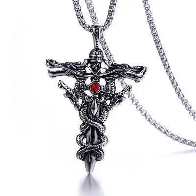 Punk Fashion Titanium Steel Necklace with Double Dragon Sword Pendant and Evil Eye Cross for Men