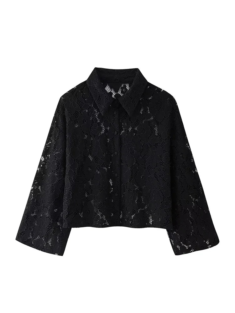 Black Lace Embroidered Short Shirt with Long Sleeves Elegant Autumn and Winter Fashion Top